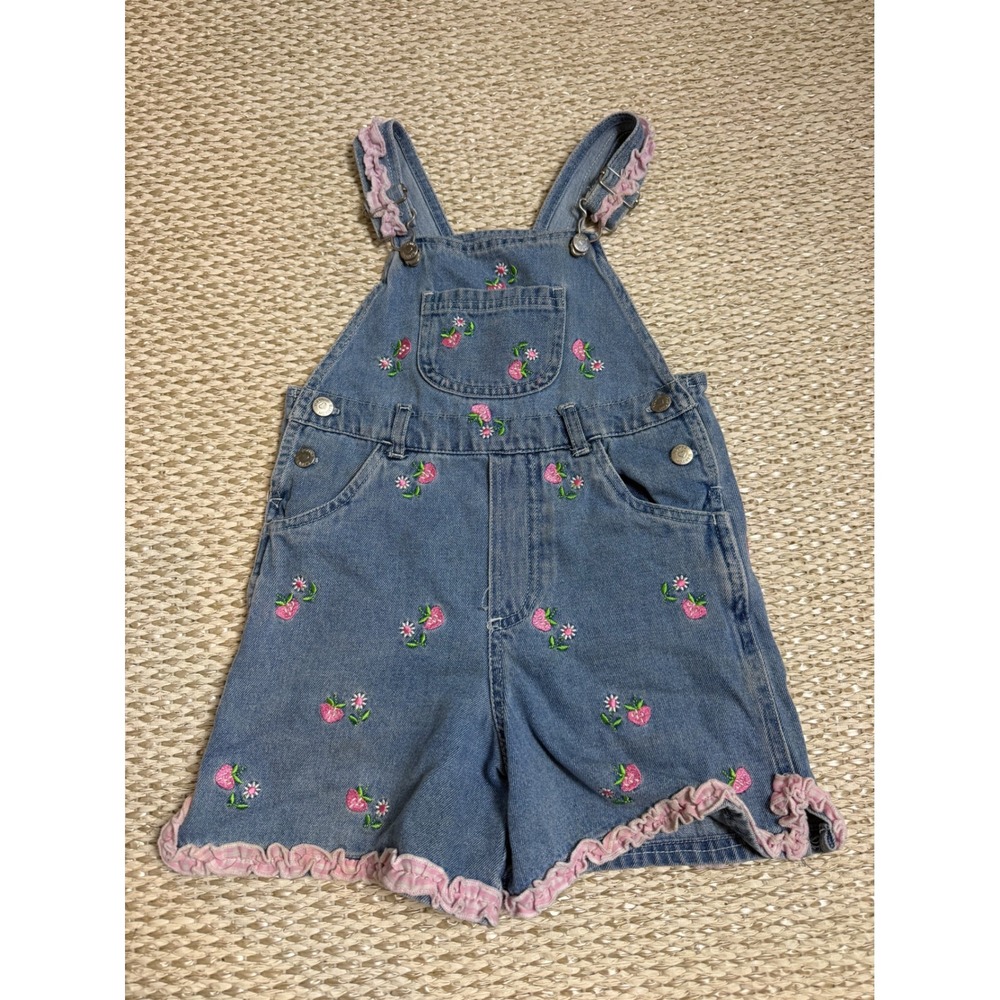 Young Hearts vintage strawberry Embroidered Ruffle Overall Shorts Shortalls 90's